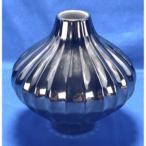 Jonathan Adler Lantern Ribbed Vase Platinum Silver Metallic Pottery 6.875"